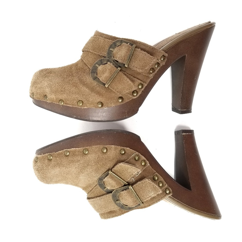 DANA BUCHMAN Platform Clog Heel Buckles Studded Suede Leather Chunky Block Heel